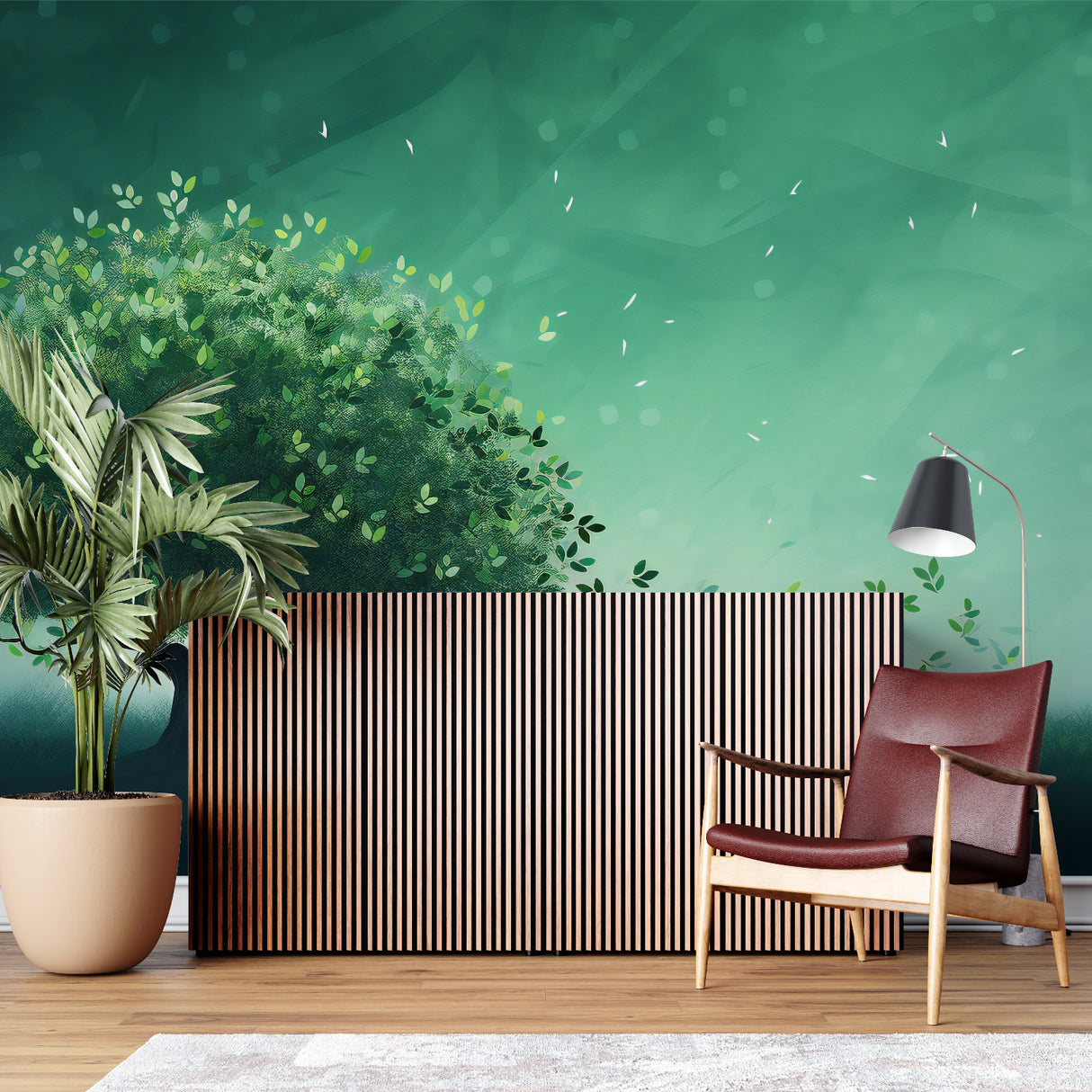 Botanical wall design in home office with natural light enhancing green tones