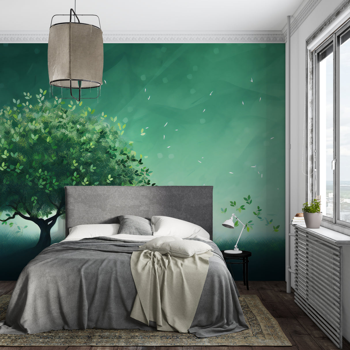 Green tree mural in meditation room highlighting calming effect