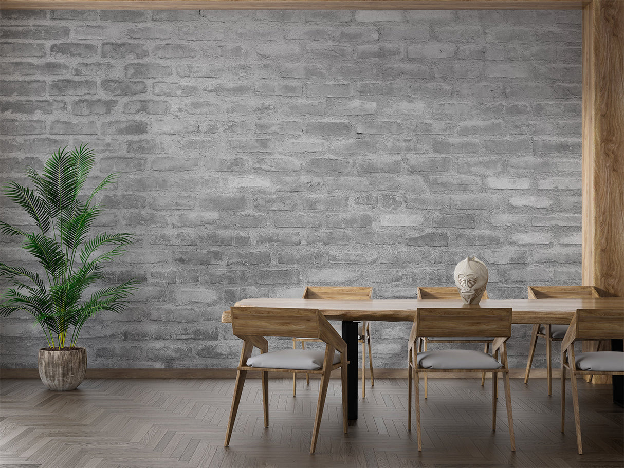 Industrial grey brick mural in office space with metal fixtures