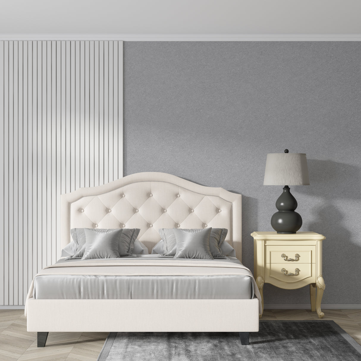Modern grey wallpaper in bright living room with natural light showing smooth texture and minimalist appeal