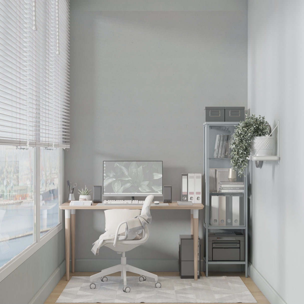 Modern grey wallpaper in a bright living room setting showing clean lines and minimal design
