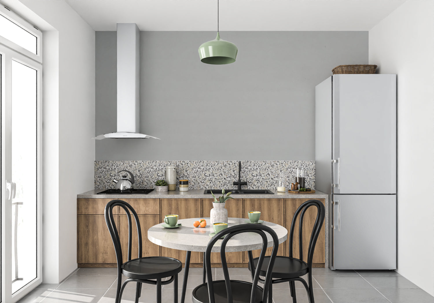 Contemporary grey wall mural creating a serene atmosphere in a modern bedroom setting