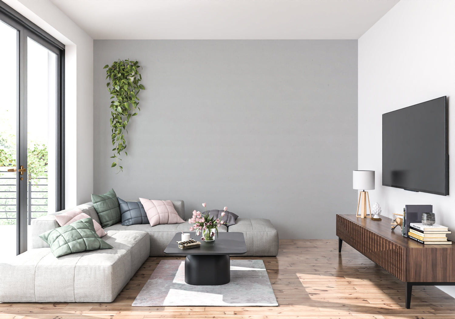 Grey modern wall mural showcased in an open-concept dining area