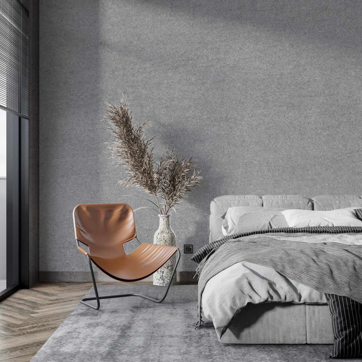 Grey textured wall mural creating depth in a modern bedroom space