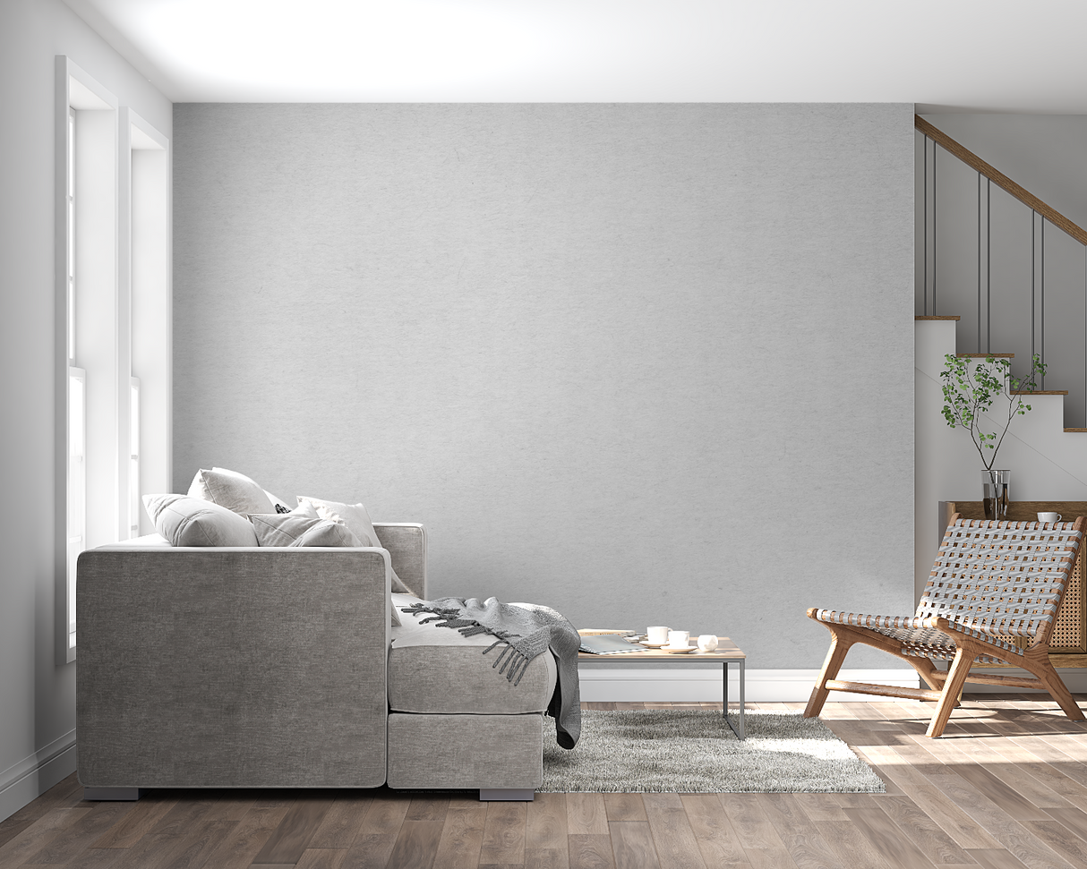 Grey textured mural wallpaper showcased in a modern hallway setting