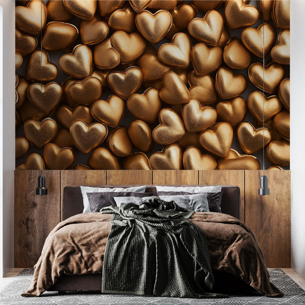 Metallic gold heart wallpaper creating a stunning accent wall in a modern bedroom with ambient lighting