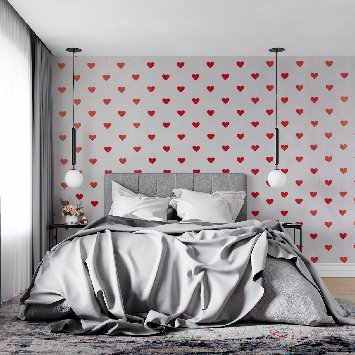 Heart pattern wallpaper in cozy bedroom setting showing red hearts on grey background