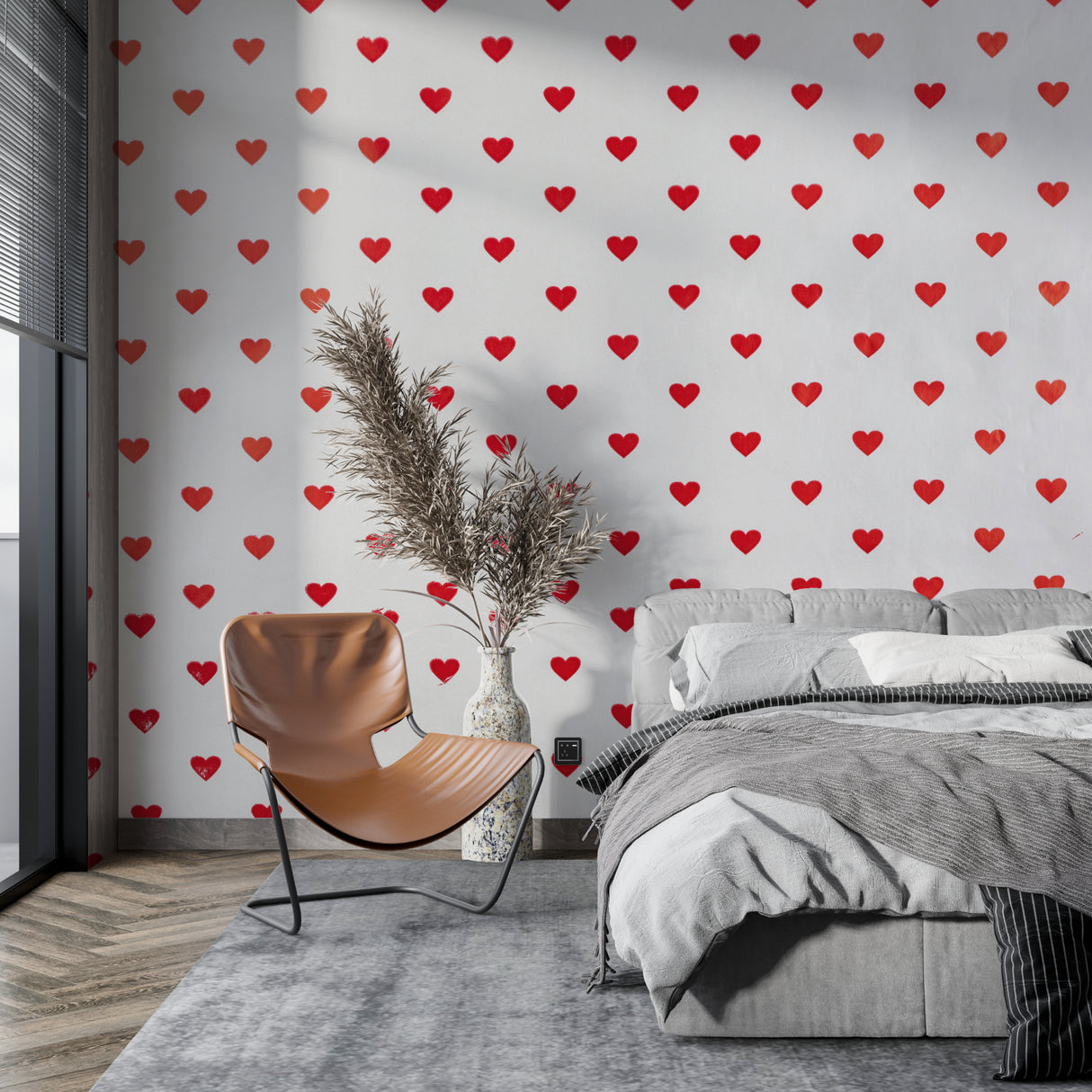 Red heart wallpaper creating warm atmosphere in modern living room