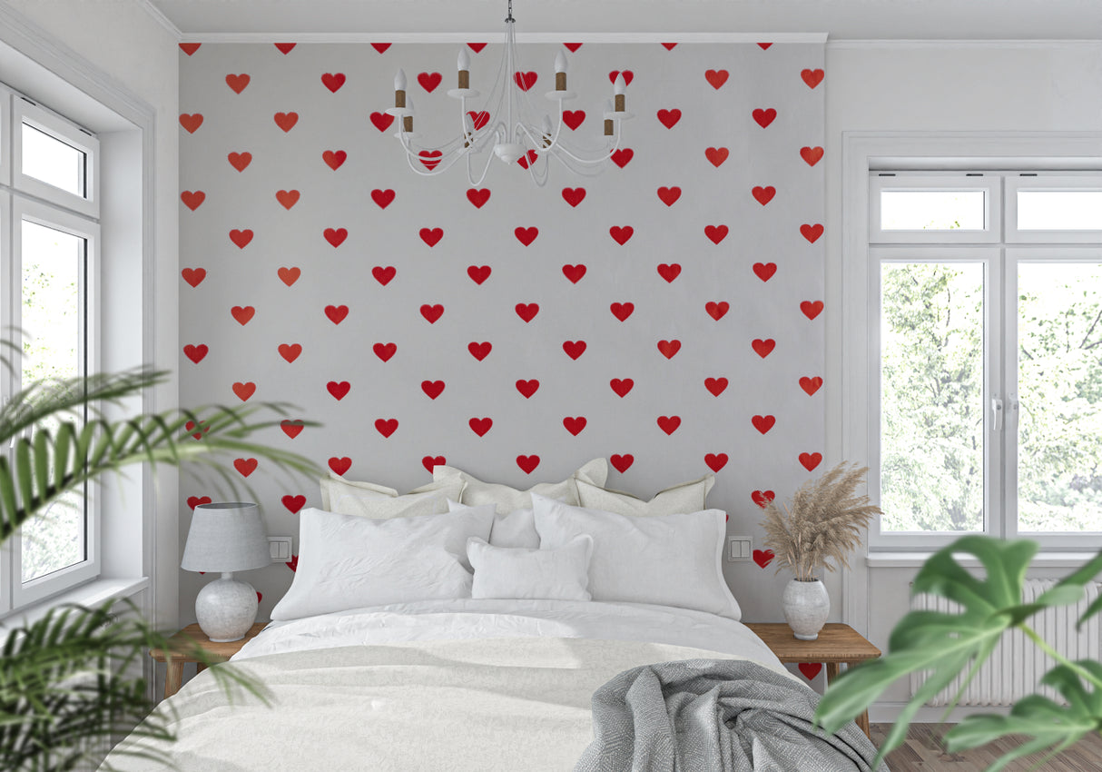 Heart design wallpaper showcased in teen's bedroom with grey furniture