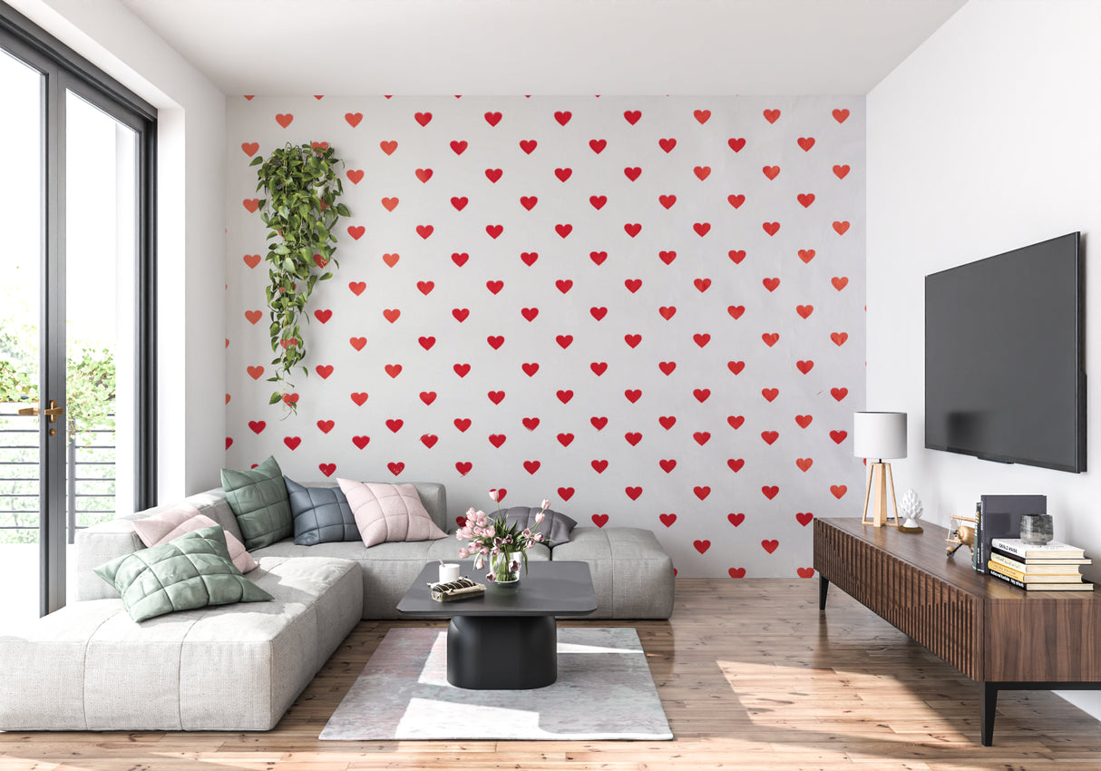 Grey and red heart pattern wallpaper in home office space