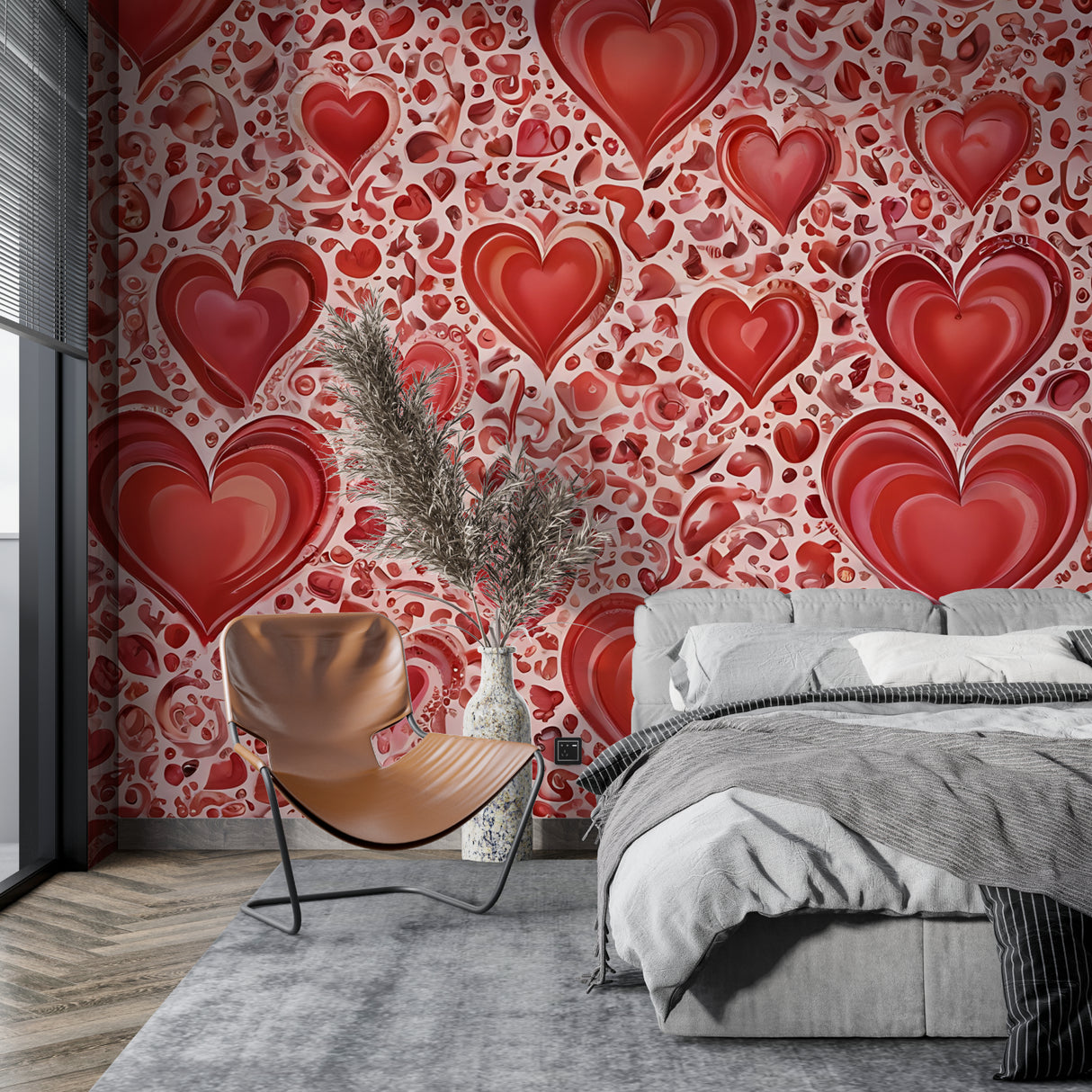 Red heart pattern wallpaper in modern bedroom creating warm atmosphere