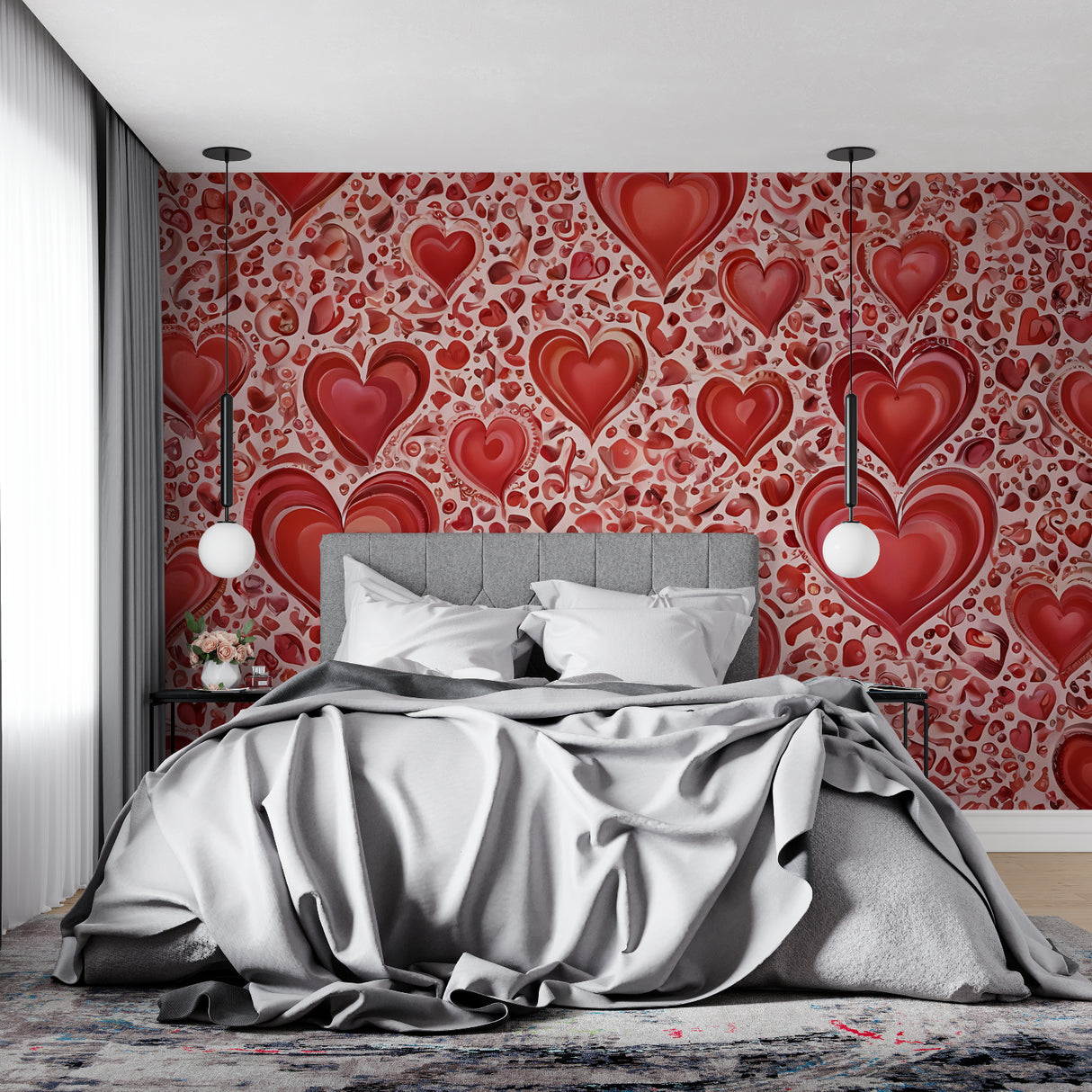 Love-themed wall mural in cozy reading nook with red hearts