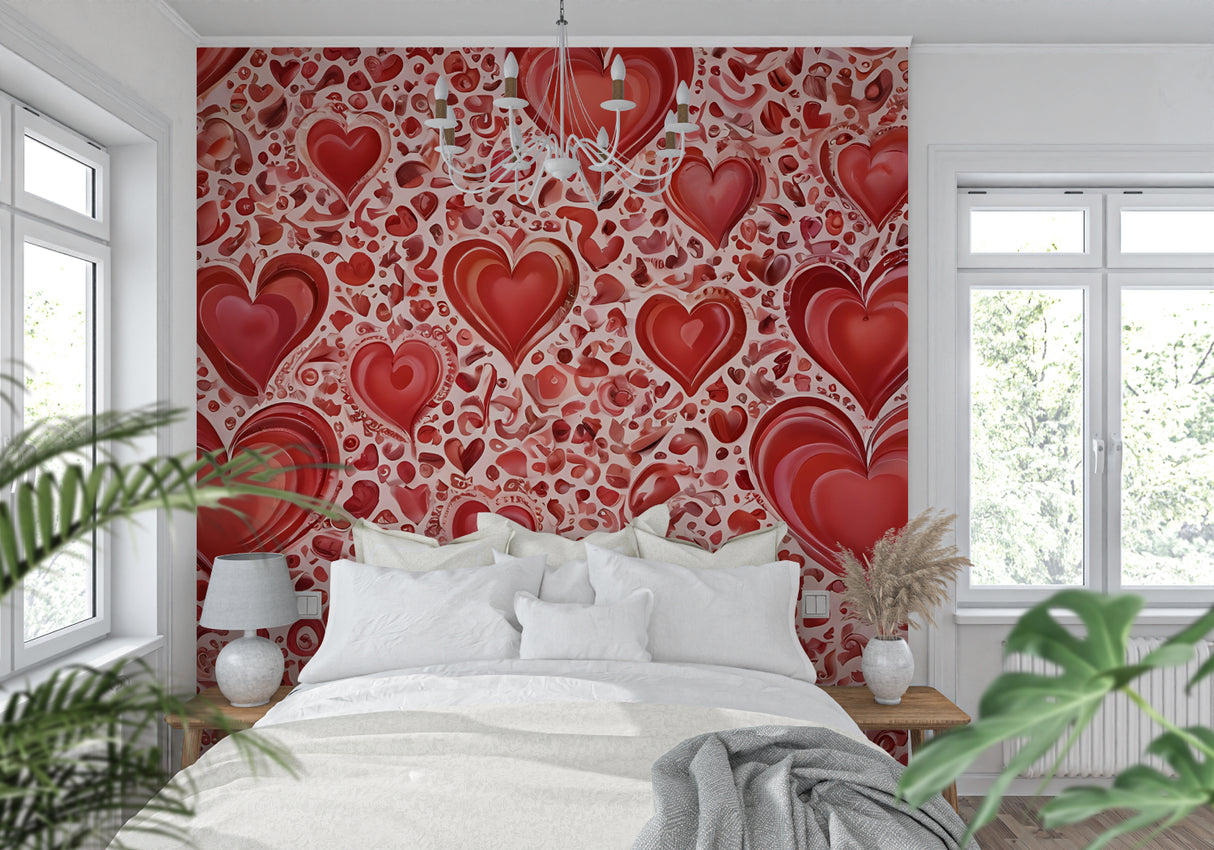 Red heart pattern accent wall in modern living room space
