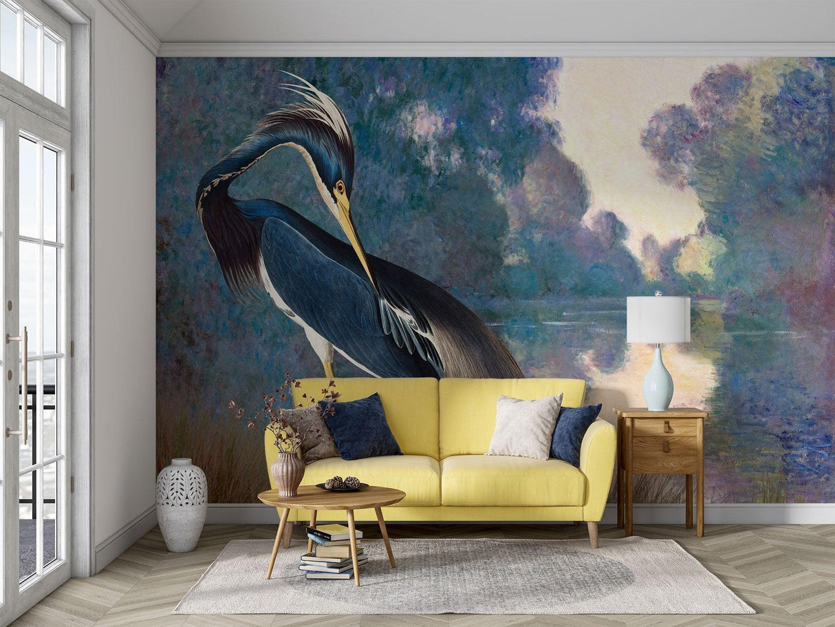 Blue Heron wallpaper mural in modern living room showing watercolor lake scene