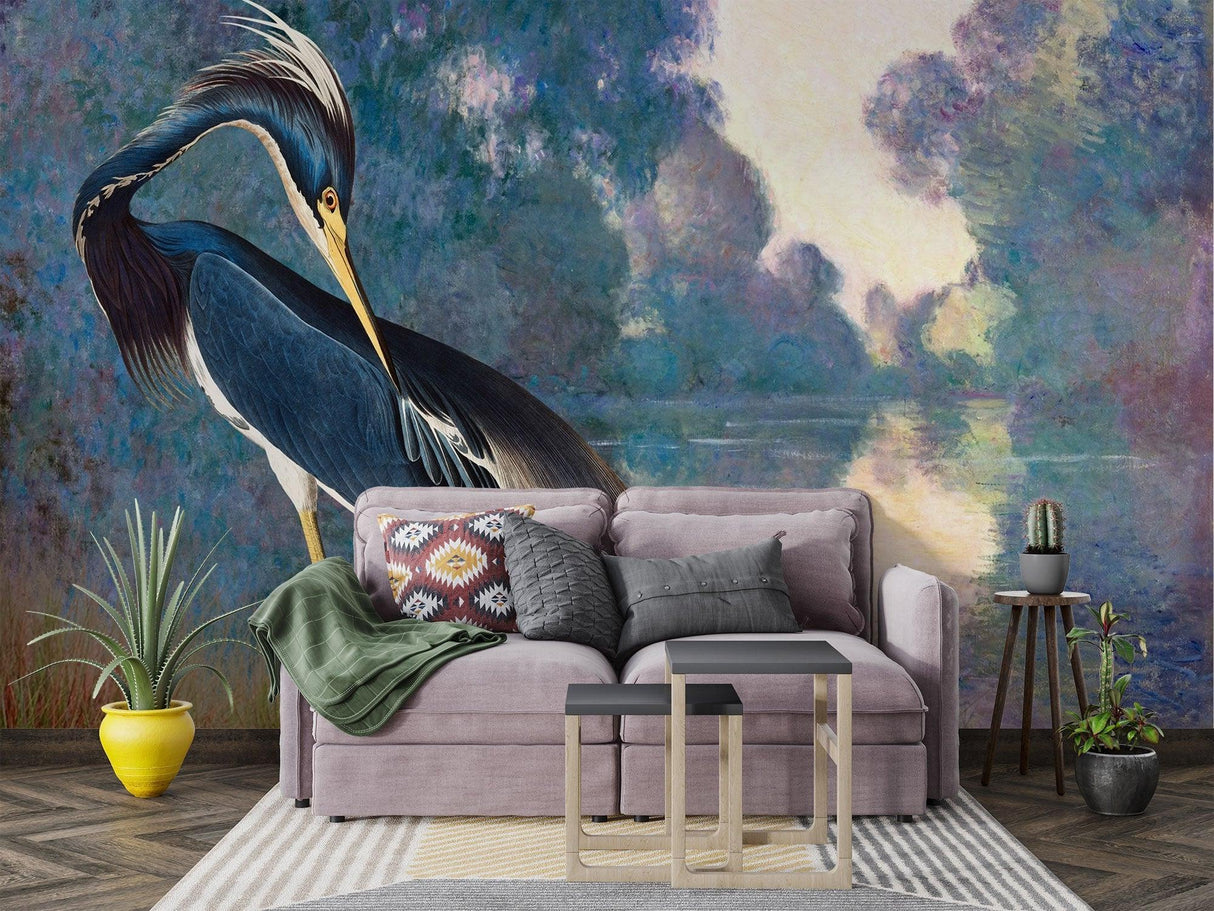 Watercolor Heron wall mural creating calm atmosphere in master bedroom