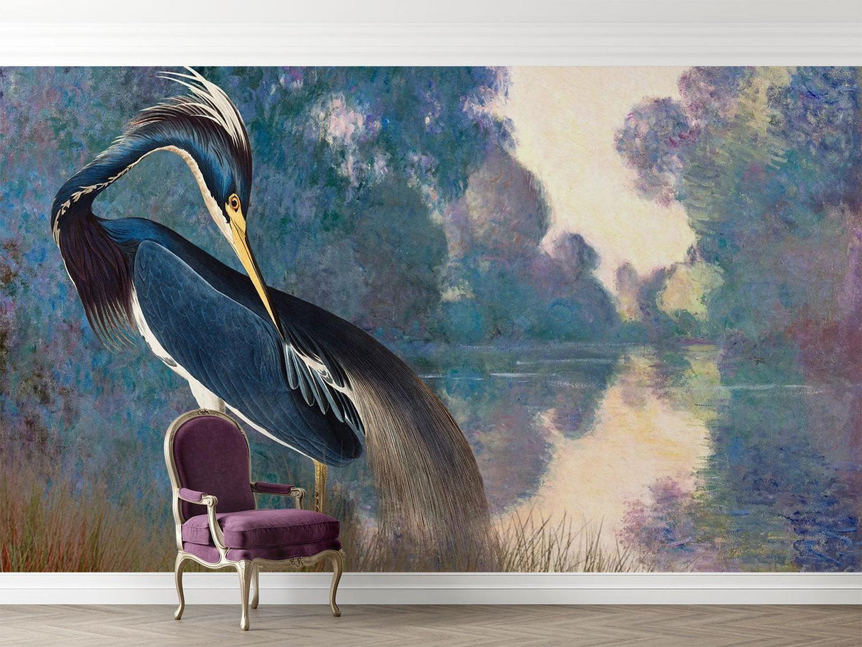 Heron wall mural installation in dining room with water scene backdrop