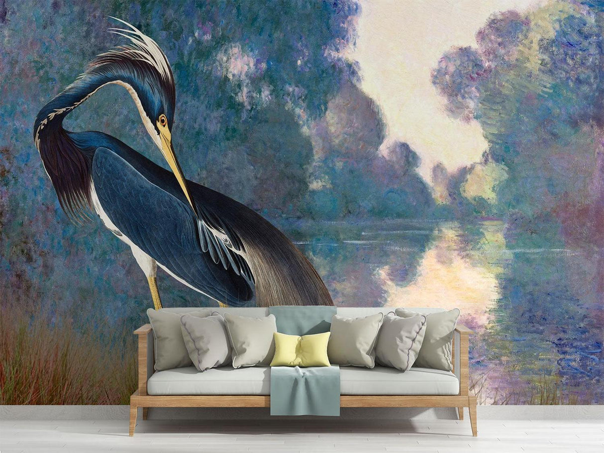 Blue Heron mural wallpaper in office space showing scale and detail