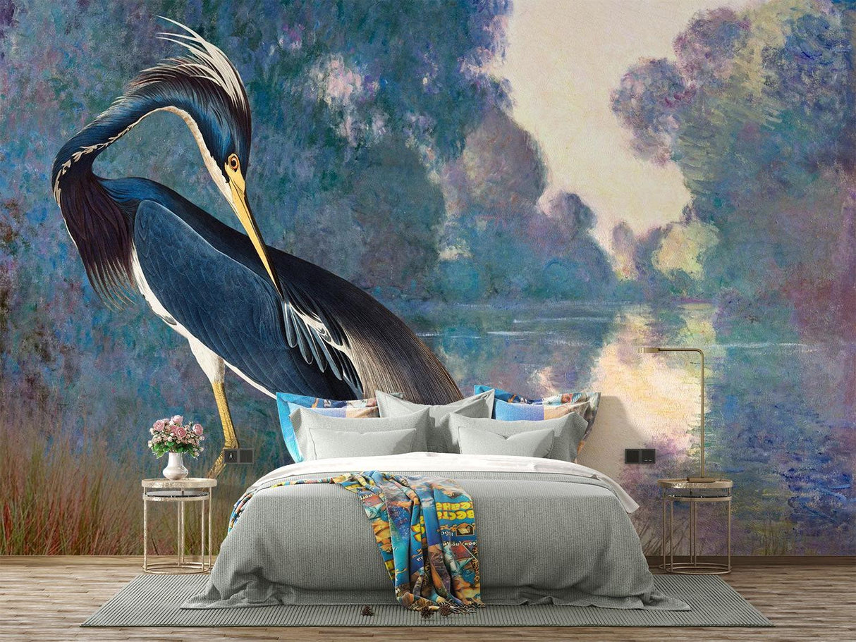 Watercolor lake mural with Heron in contemporary home entryway