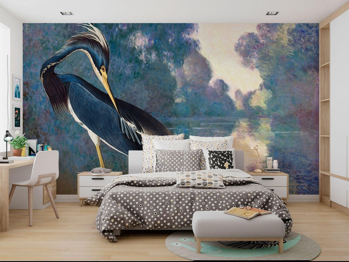 Heron wallpaper mural bringing nature indoors to meditation room