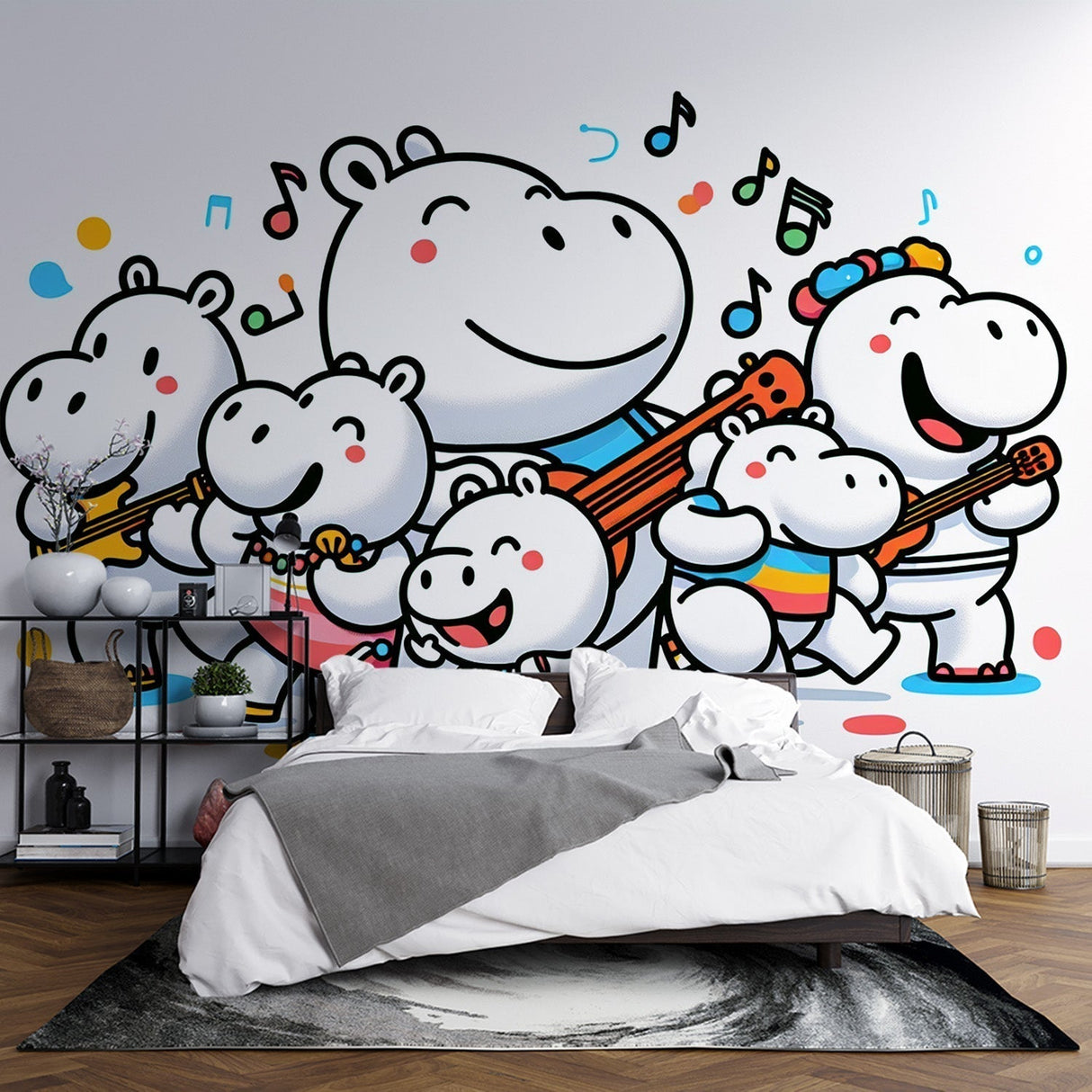 Musical hippo wallpaper bringing joy to a bright playroom, featuring cartoon band characters perfect for kids' spaces