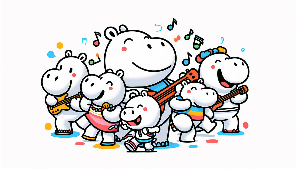 Hippo cartoon band design file showing detailed musical pattern and cheerful characters
