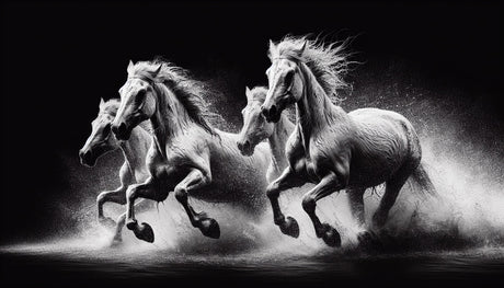 Black and white horse mural wallpaper creating dramatic impact in a modern living room with minimal furniture