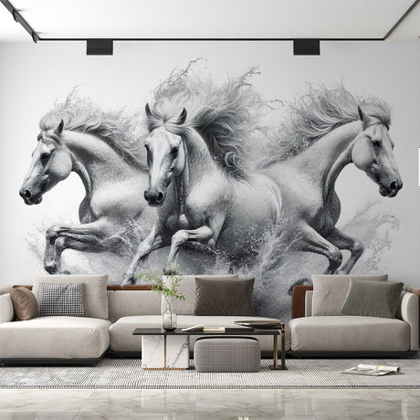 Black and white horse mural wallpaper creating drama in a modern living room with high ceilings and minimal furniture