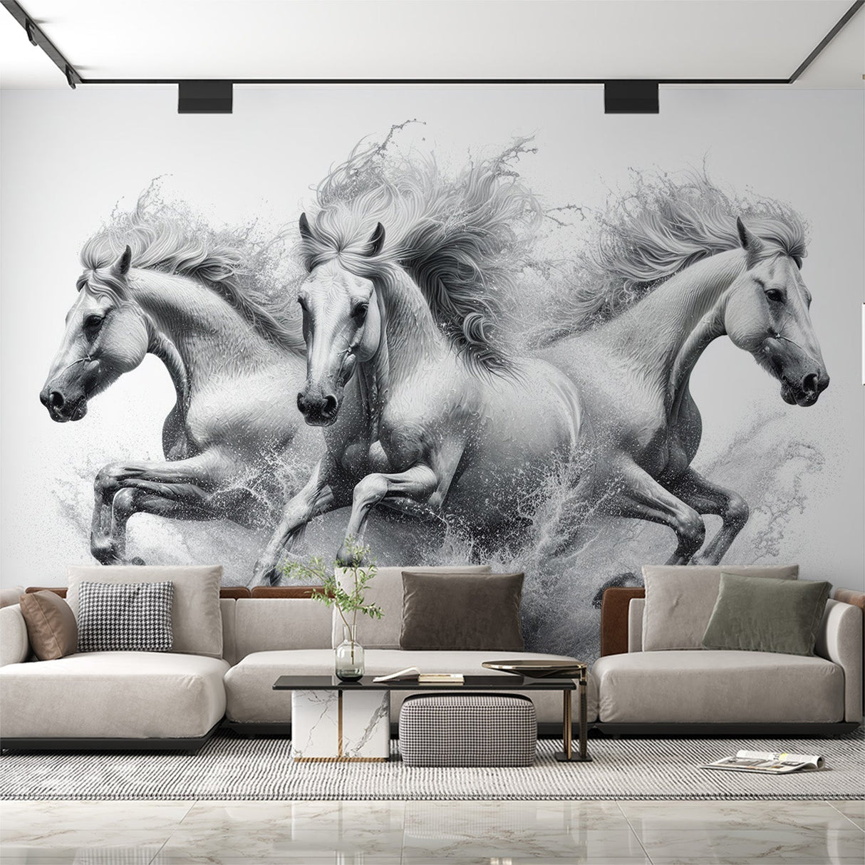 Black and white horse mural wallpaper creating drama in a modern living room with high ceilings and minimal furniture