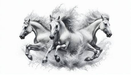 Black and white horse wallpaper design file showing three galloping horses in dynamic motion