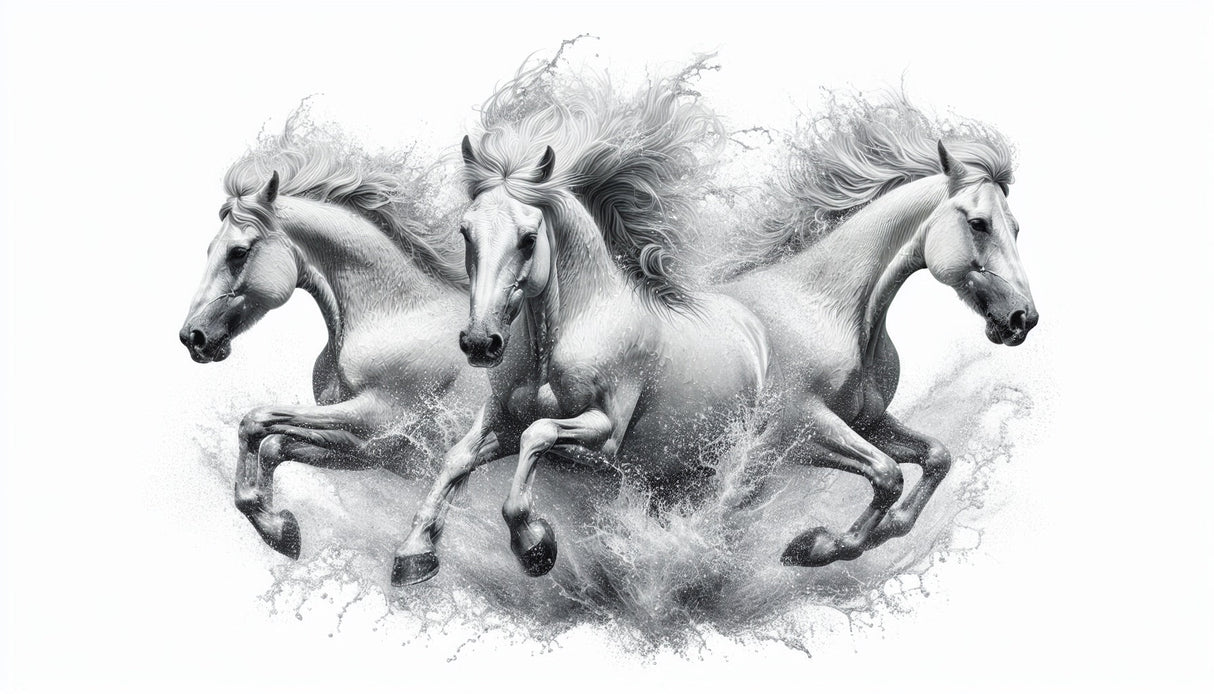 Black and white horse wallpaper design file showing three galloping horses in dynamic motion