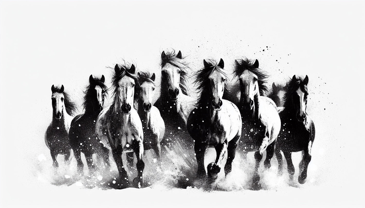 Black and white running horse design file showing detailed ink strokes and artistic composition