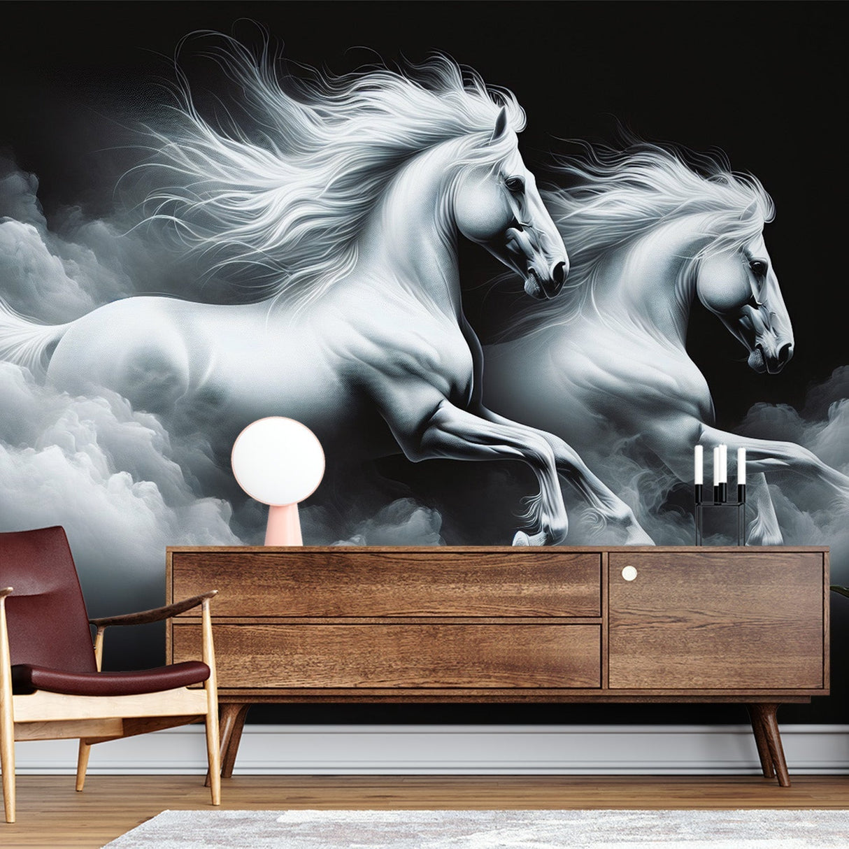 White horse wallpaper mural styled in modern living room, showing two stallions galloping through clouds