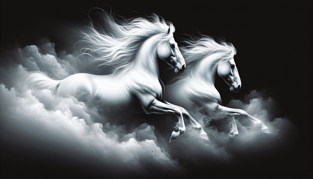 Horse wallpaper design file showing detailed white stallions against black background with cloud effects