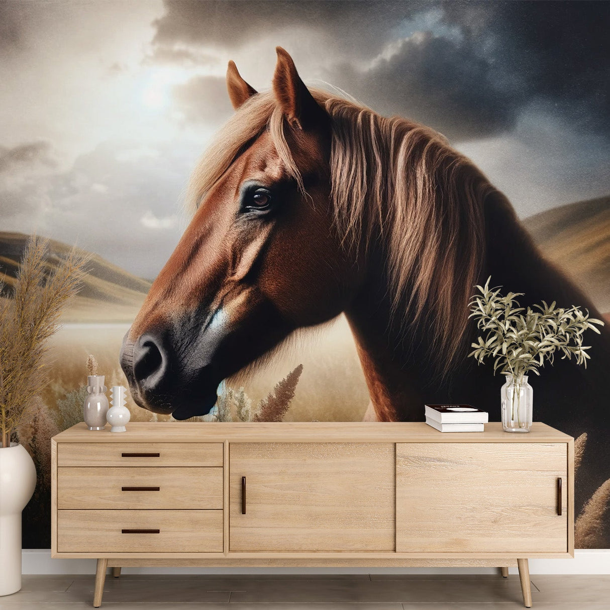 Brown Horse Mural Wallpaper creating drama in a modern living room, warm lighting enhances the dawn atmosphere