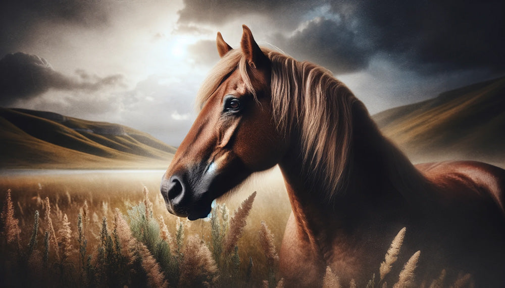 Horse Mural Wallpaper design file showing detailed brown stallion against misty mountain dawn