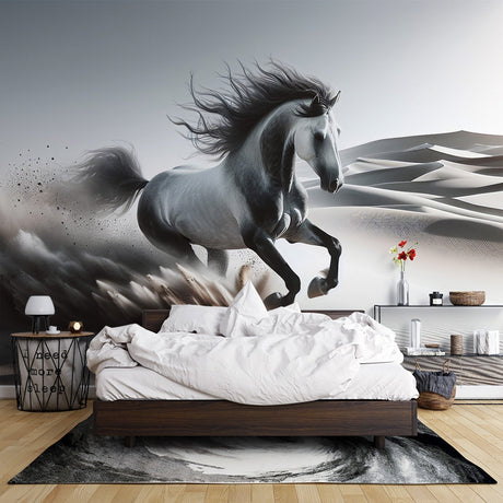 Horse wall mural creating dramatic impact in modern living room, showing grey stallion running through desert landscape