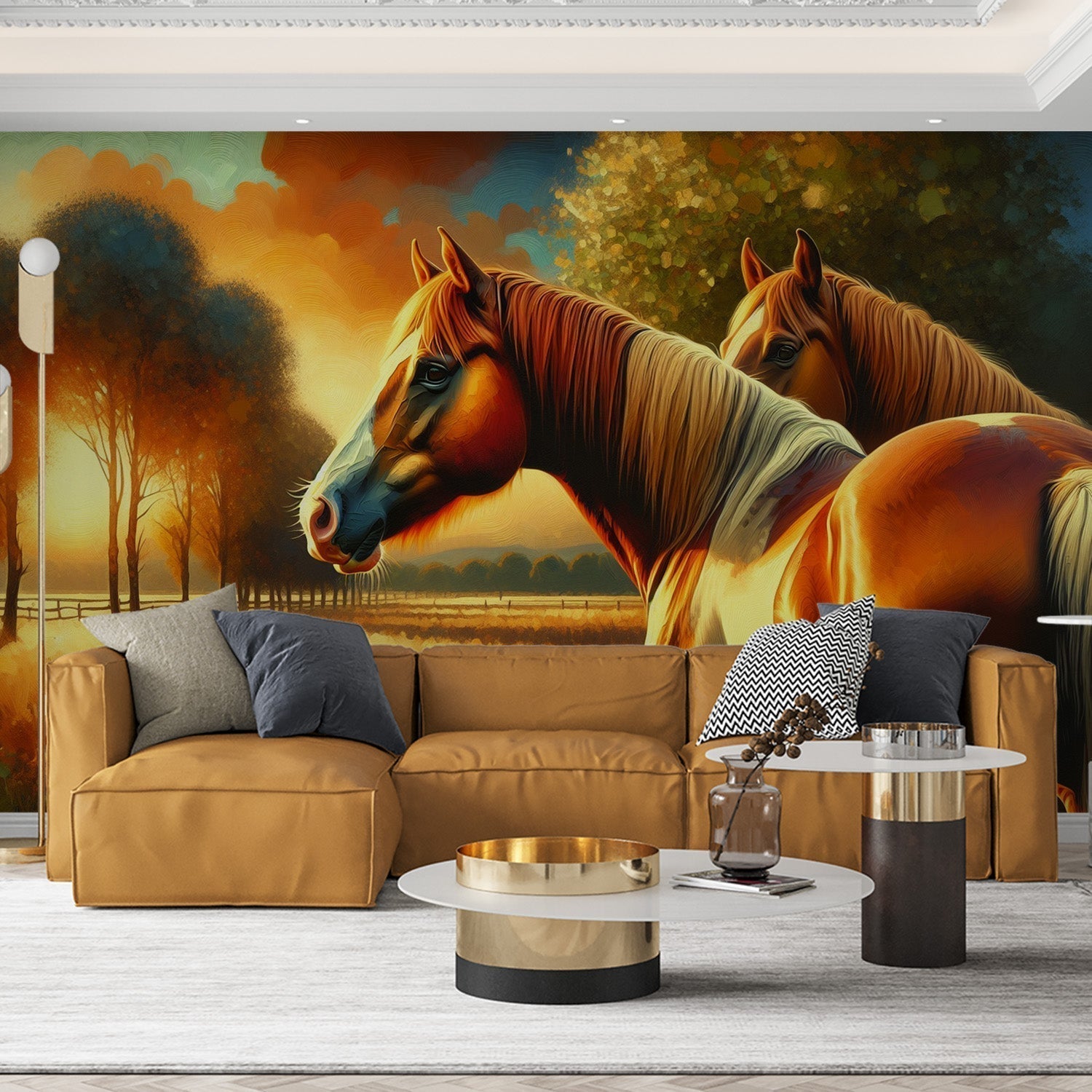 Horse mural wallpaper in cozy living room setting, showing two majestic horses at sunset creating a warm countryside atmosphere