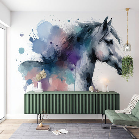 Horse wall mural in modern living room, showcasing watercolor abstract design with blue and purple tones