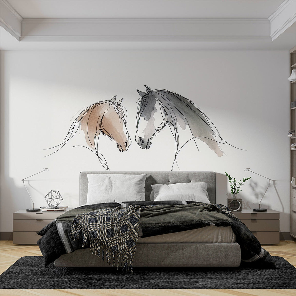 Horse wallpaper mural displayed in a bright modern living room, showing two horses in minimalist watercolor style