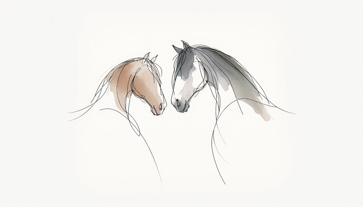 Horse wall mural design file showing delicate watercolor line art of two facing horses