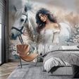 Horse and daisy watercolor mural wallpaper in a bright modern living room, creating a serene and elegant atmosphere