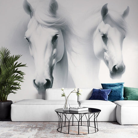 Horse mural wallpaper creating a stunning focal point in a modern living room, white stallions adding movement and grace
