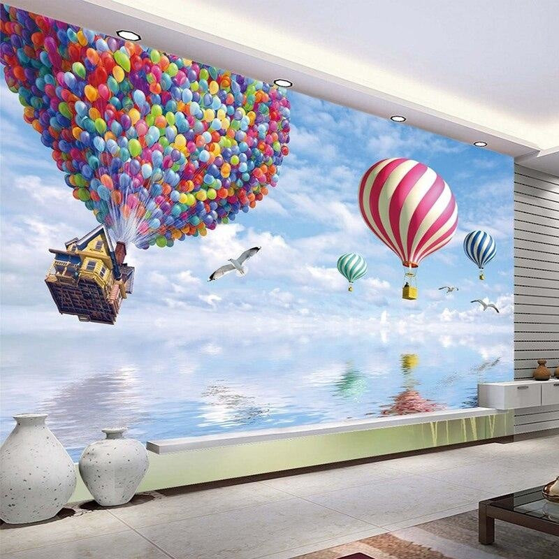 Kids playroom with hot air balloon mural creating magical atmosphere with floating clouds