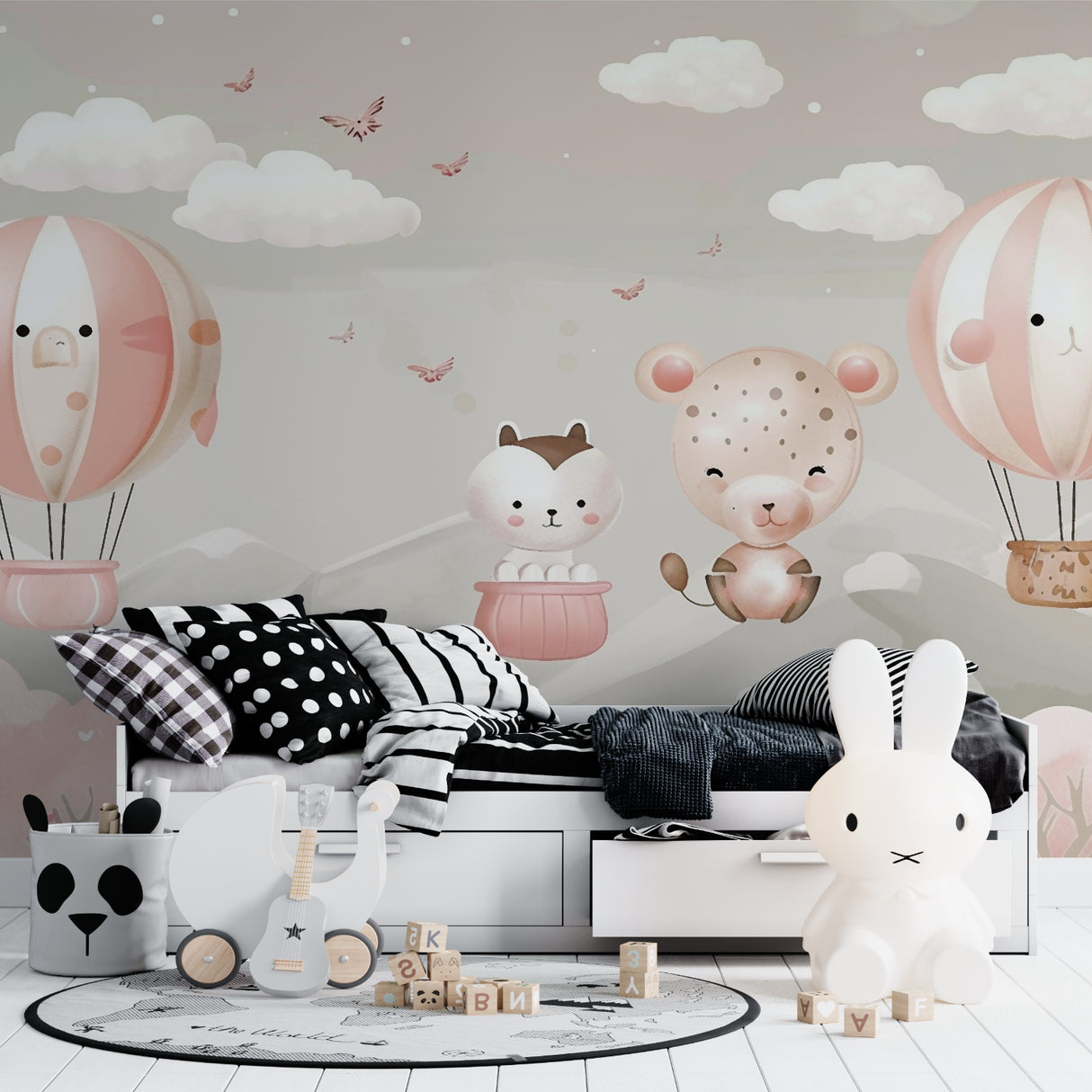 Nursery balloon wallpaper in a playroom with natural lighting