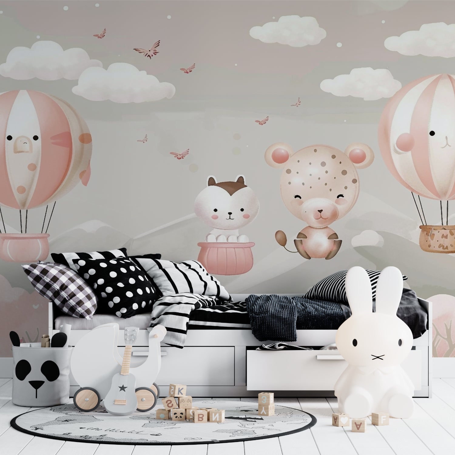 Nursery balloon wallpaper in a playroom with natural lighting