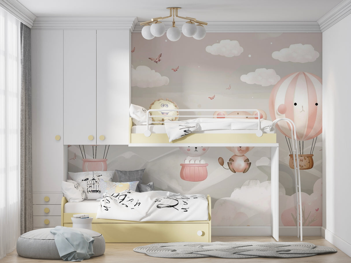 Hot air balloon mural styled in a modern children's bedroom