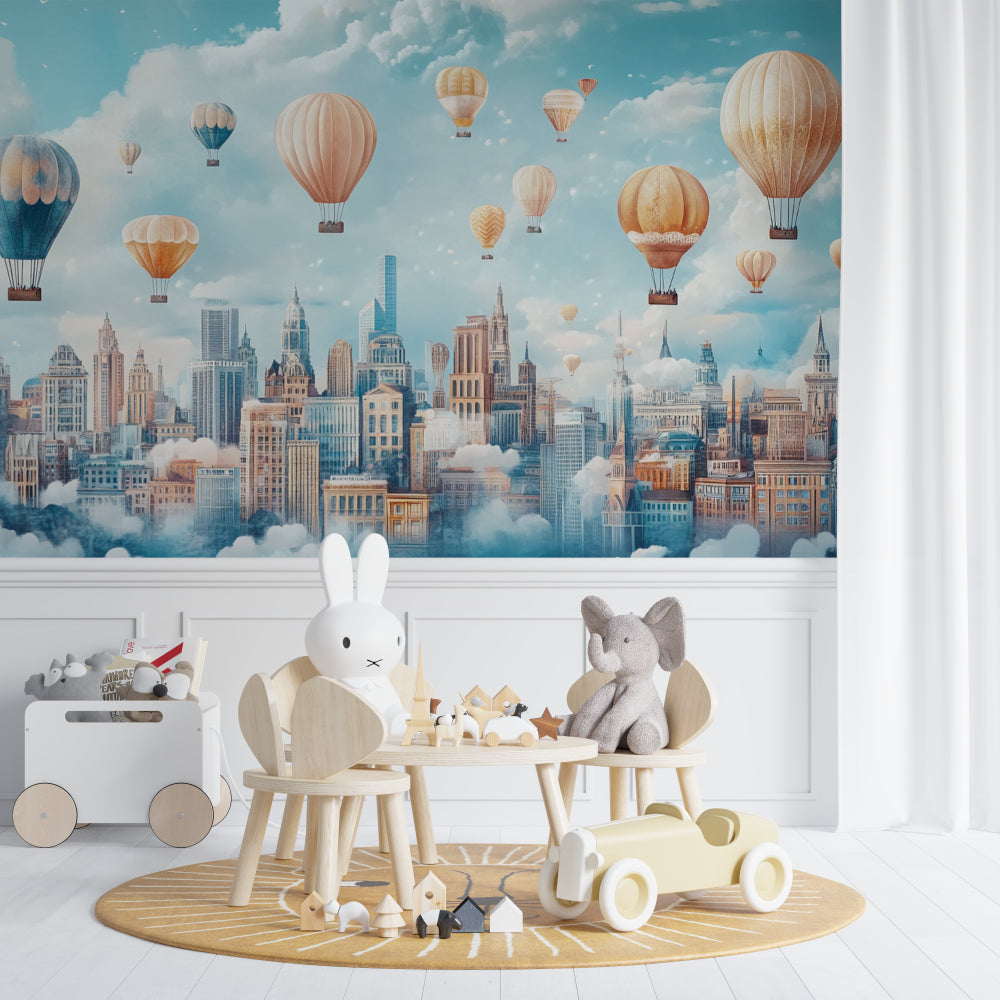Kids bedroom featuring hot air balloon mural, perfect for storytelling and dreams