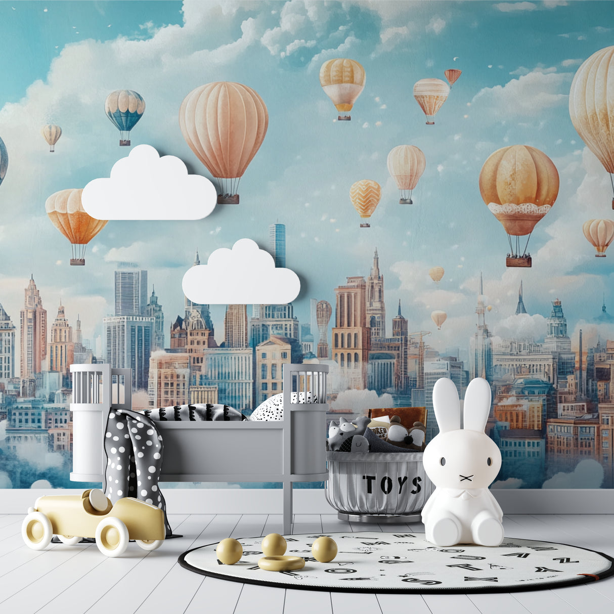 Playroom wall with dreamy balloon cityscape mural creating depth and wonder