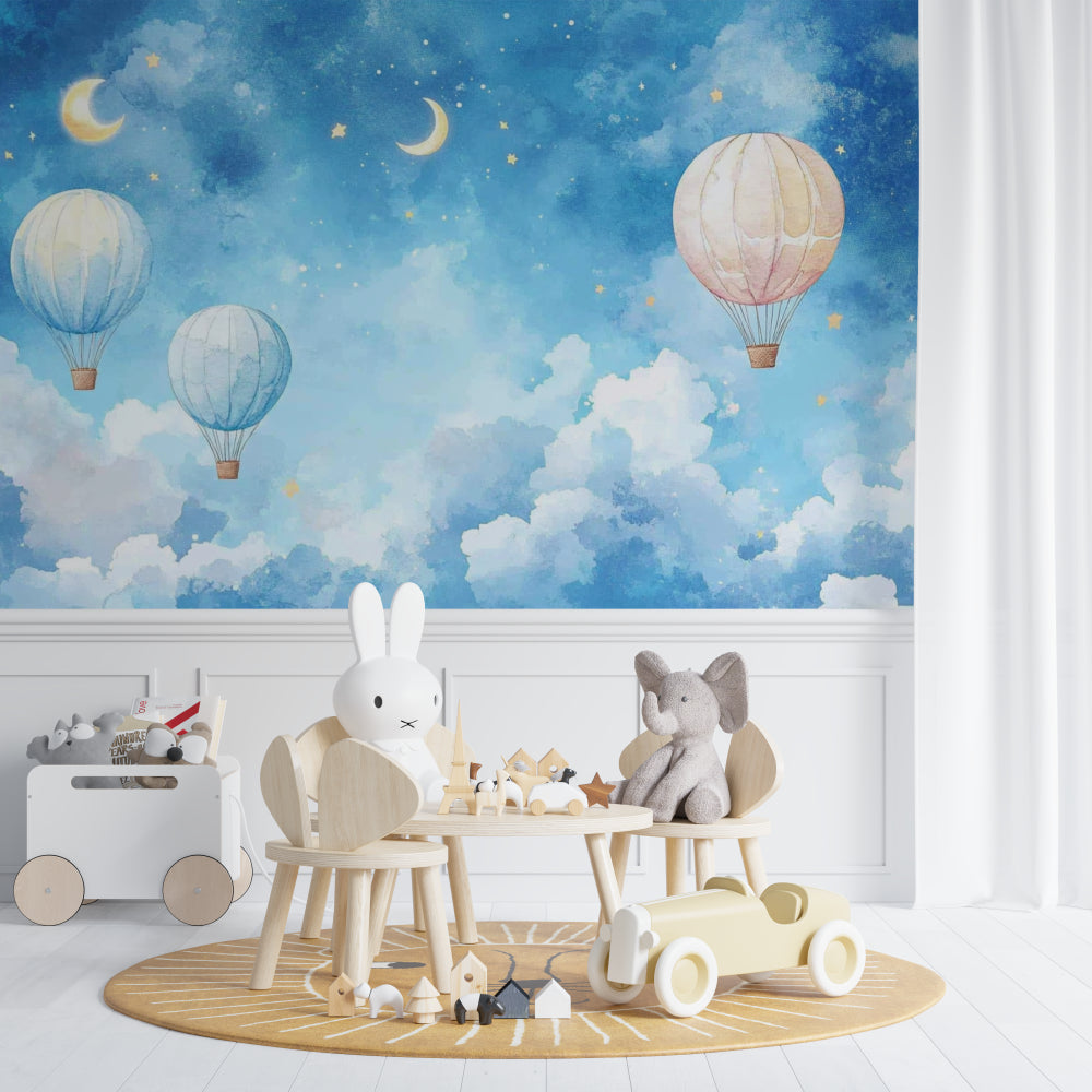 Hot air balloon wallpaper in a cozy nursery with soft lighting showing floating balloons against night sky