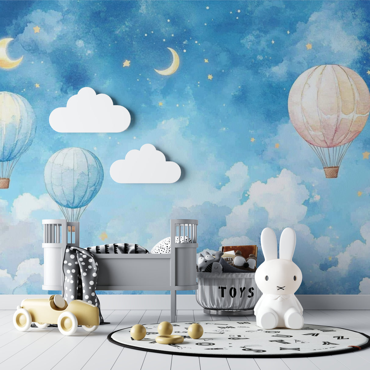 Magical balloon wallpaper displayed in a modern playroom with stars and moons